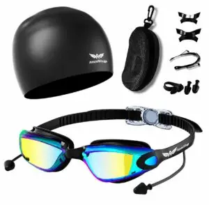 7 in 1 Swim Goggles + Swim Cap for Men Women,No Leak Anti-Fog & UV, Wide Visio HD Mirror PC Lens